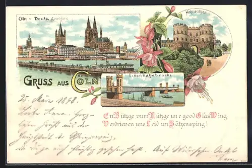 Lithographie Köln, Uferpartie mit Dom von Deutz gesehen, Hahnentor, Eisenbahnbrücke