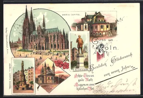 Lithographie Köln, Maria-Capitol, Apostel-Kirche, Bismarck-Denkmal, Neujahrsgruss