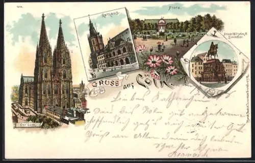 Lithographie Köln-Riehl, Gasthaus Flora, Rathaus, Domansicht, Friedrich-Wilhelm III.-Denkmal