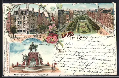 Lithographie Köln, Kaiser-Wilhelmring, Denkmal Kaiser Wilhelm I., Strassenpartie mit Pferdebahn