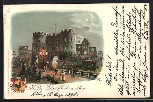 Lithographie Köln, Hahnentor bei Mondschein