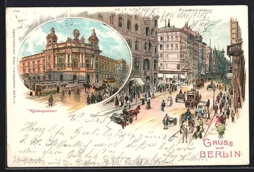 Lithographie Berlin, Friedrichstrasse Ecke Jägerstrasse mit Geschäften, Reichspostamt, Pferdekutsche