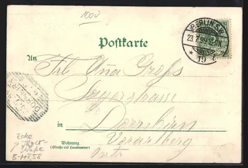Lithographie Berlin, Friedrichstrasse Ecke Jägerstrasse mit Geschäften, Reichspostamt, Pferdekutsche
