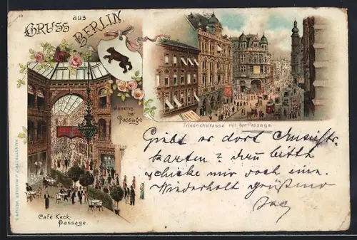 Lithographie Berlin, Friedrichstrasse mit Passage, Inneres der Passage, Café Keck Passage