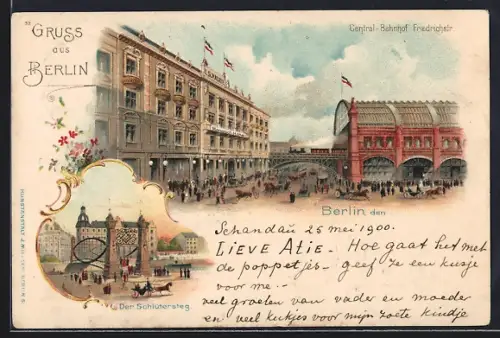Lithographie Berlin, Bahnhof Friedrichstrasse mit Monopol-Hotel u. Schlütersteg