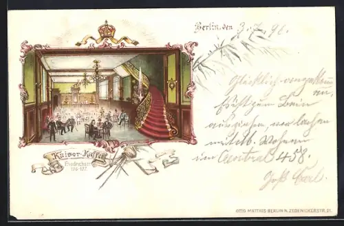 Lithographie Berlin, Kaiser Kaffee in der Friedrichstrasse 176 um 1900