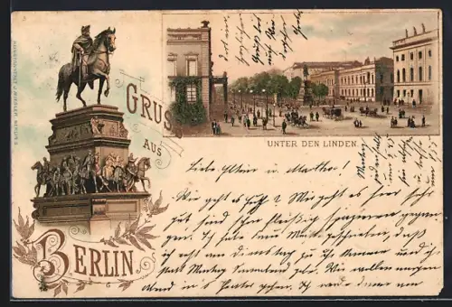 Lithographie Berlin, Strasse Unter den Linden mit Denkmal