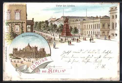 Künstler-AK Berlin, Strasse Unter den Linden mit Denkmal, Reichtagsgebäude