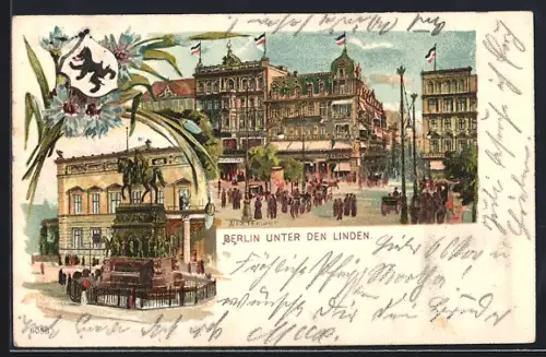 Lithographie Berlin, Partie Unter den Linden mit Blick auf das Café Bauer, Denkmal Friedrich d. Grosse