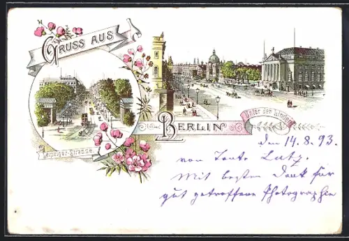 Lithographie Berlin, Unter den Linden, Leipziger Strasse, Strassenbahn