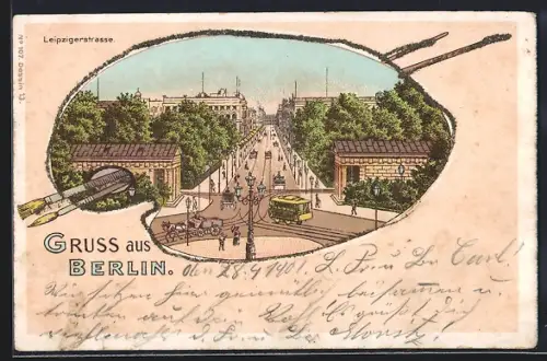 Lithographie Berlin, Leipziger Strasse mit Strassenbahn, Malpalette um 1900