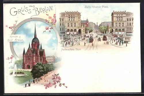 Lithographie Berlin-Kreuzberg, Belle-Alliance-Platz mit Strassenbahn