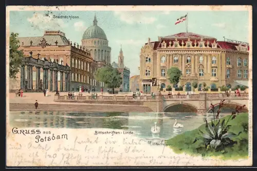 Lithographie Potsdam, Uferpartie mit Brücke und Blick auf Stadtschloss, Schwäne