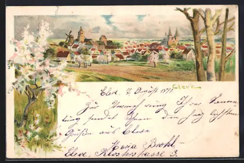 Lithographie Cleve, Teilansicht mit Windmühle