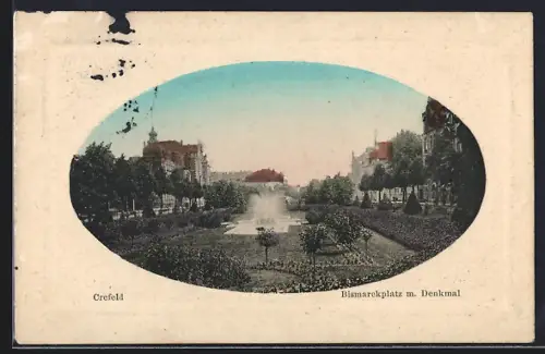 AK Crefeld, Bismarckplatz mit Denkmal