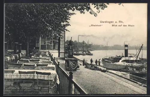 AK Uerdingen a. Rh., Cafe Rheinlust mit Blick auf den Rhein
