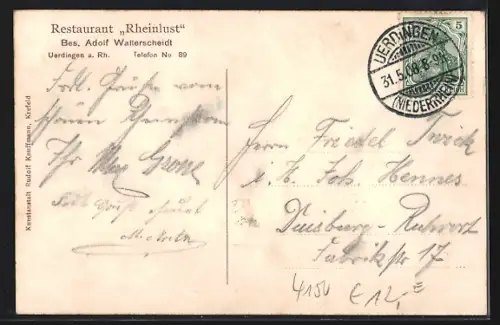 AK Uerdingen a. Rh., Cafe Rheinlust mit Blick auf den Rhein