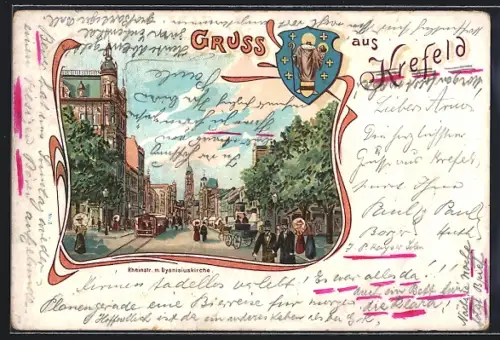 Lithographie Krefeld, Rheinstrasse mit Dionisiuskirche