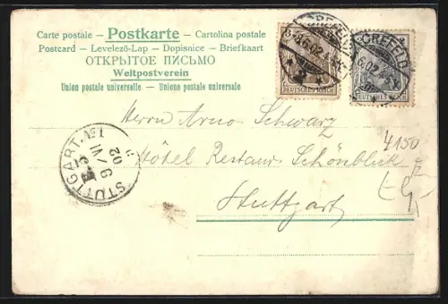 Lithographie Krefeld, Rheinstrasse mit Dionisiuskirche