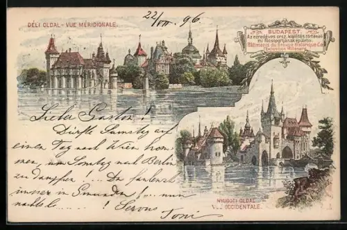 Lithographie Budapest, Bâtiments du Groupe Historique de l`Exposition Millénaire, Vue méridionale, Vue occidentale