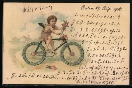 AK Engel auf Fahrrad mit einen Blumenstrauss