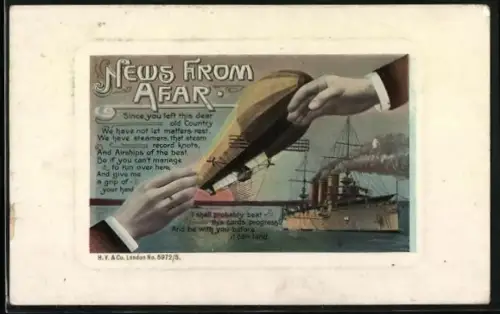Künstler-AK Zeppelin und Dampfschiff, News from Afar