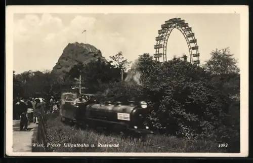AK Wiener Prater, Liliputbahn und Riesenrad