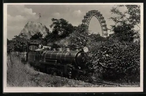 AK Wien, Prater, Liliputbahn mit Riesenrad und Hochschaubahn, Kleinbahn