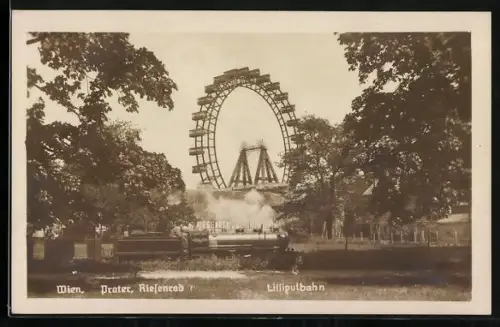 AK Wien, Liliputbahn und Riesenrad im Prater
