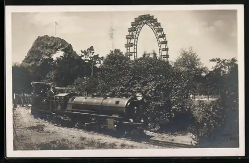 AK Wien, Prater, Lilliputbahn mit Riesenrad und Hochschaubahn