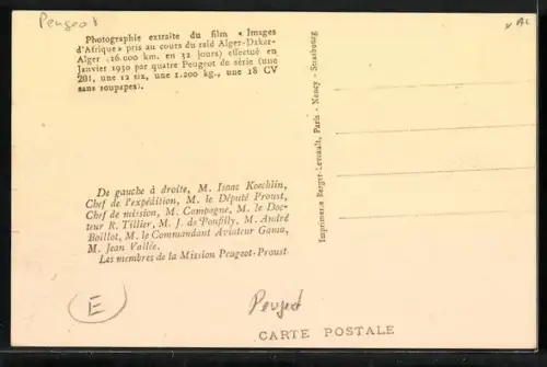 AK Peugeot-Auto und Fahrer während der 16.000-Kilometer Algier-Dakar Autorennfahrt