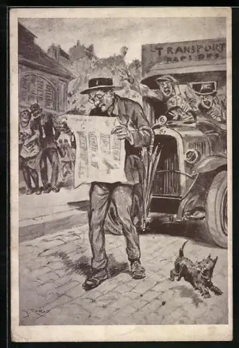 Künstler-AK Les Incidents de la Route, Le Sourd, Autofahrer regt sich über einen Zeitungsleser auf