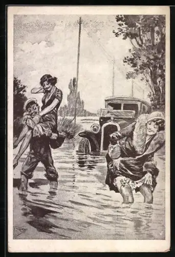 Künstler-AK sign. G.Conrad: Mann rettet Frau aus einem Auto im Fluss
