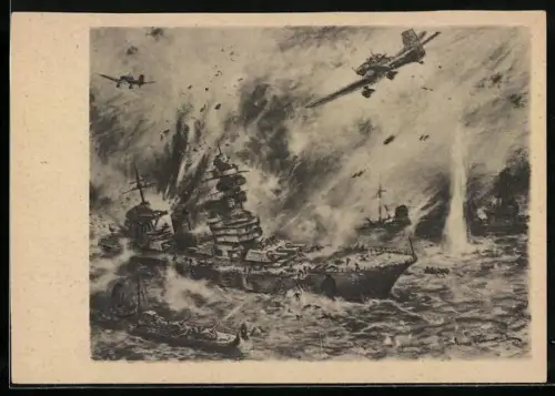 Künstler-AK Flieger bombardieren Kampfschiffe