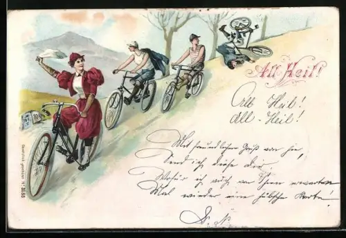 Lithographie All Heil!, Radfahrer, Fahrrad, Unfall