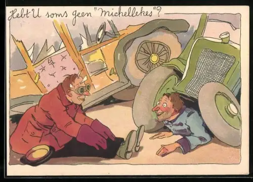 Künstler-AK Zwei Autofahrer nach einem Unfall