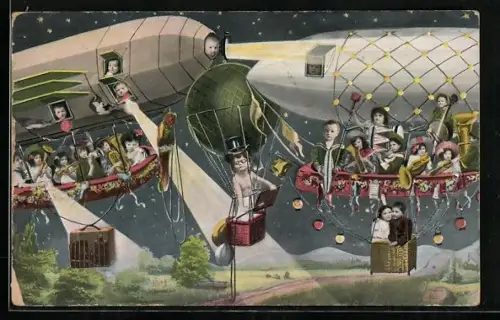 AK Ballon und zwei Zeppeline mit musizierenden Kindern in den Gondeln