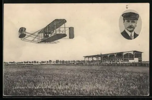 AK Doppeldecker-Flugzeug bei Flugvorführung, Portrait des Piloten Lambert