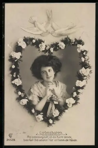 Foto-AK GL Co Nr. 2452/6: Fräulein im Herz mit Rosen, Weisse Tauben