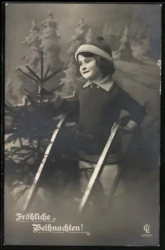 Foto-AK GL Co Nr. 4103/5: Kleiner Junge mit Schlitten, Weihnachtsgruss