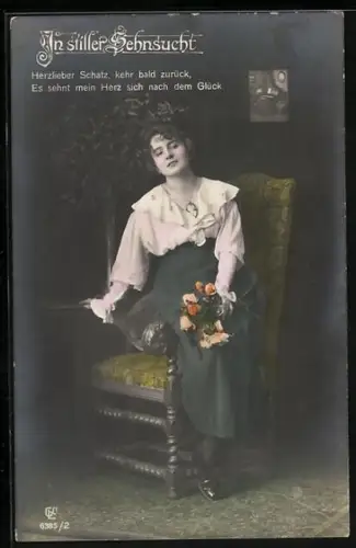 Foto-AK GL Co Nr. 6385/2: In stiller Sehnsucht, Herzlicher Schatz..., Junge Frau mit Blumen