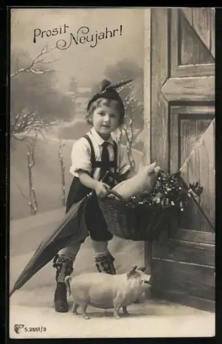 Foto-AK GL Co 2551 /3, Kind vor einer Tür, Schweine, Neujahr