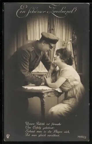 Foto-AK GL Co Nr. 7550/2: Soldat in Uniform und Frau am Tisch