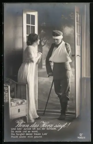 Foto-AK GL Co Nr. 7262/2: Verwundeter Soldat kommt zurück nach Hause