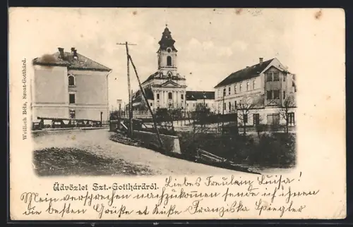 AK Szt.-Gotthárd, Strassenpartie mit Kirche