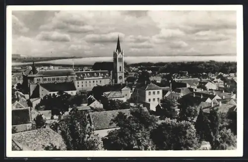 AK Keszthely, Blick auf den Balaton mit Kirche