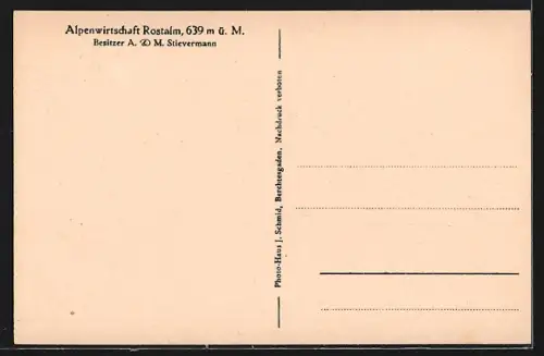 AK Berchtesgaden, Alpengasthaus Rostalm, Bes. A. u. M. Stievermann