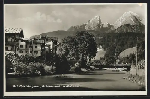 AK Berchtesgaden, Gasthof Schwabenwirt, Inh. A. Lenhart, Blick auf den Watzmann