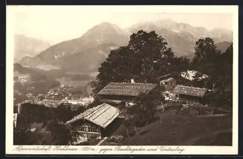 AK Berchtesgaden, Gasthof Hochlenzer gegen Berchtesgaden und Untersberg