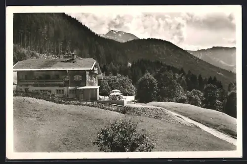 AK Oberau-Berchtesgaden, Gasthof Dora, Inh. Anton und Dora Hasholzner, Blick gegen Hohen Göll und Kehlstein